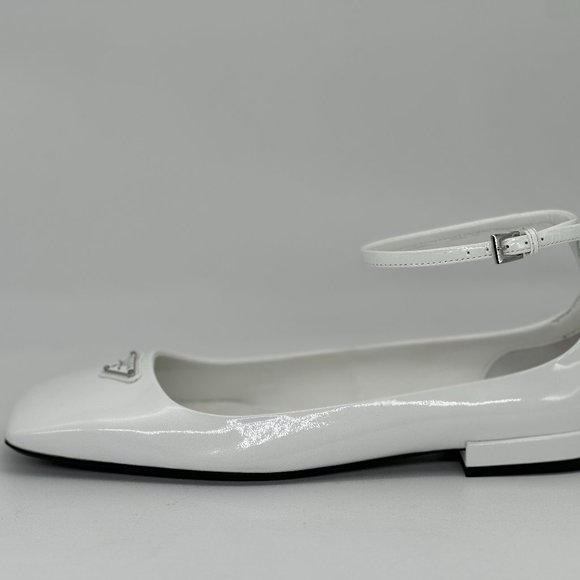 PRADA Logo Patent Leather Square Toe Ankle Strap Flat Ballerina Flat Sho… - Picture 4 of 16